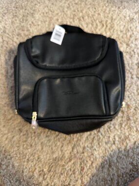 NWT Bella Russo Black Faux Leather Travel Bag Gold Zippers Compartments